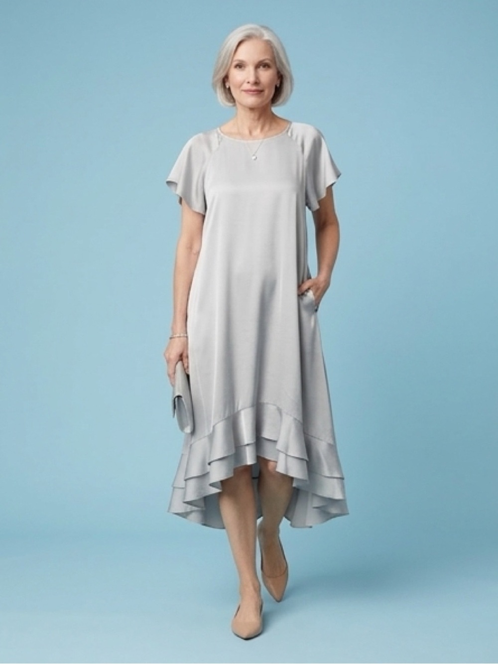 Alex Marie Light Gray High-Low Ruffle Flutter Sleeve Dress